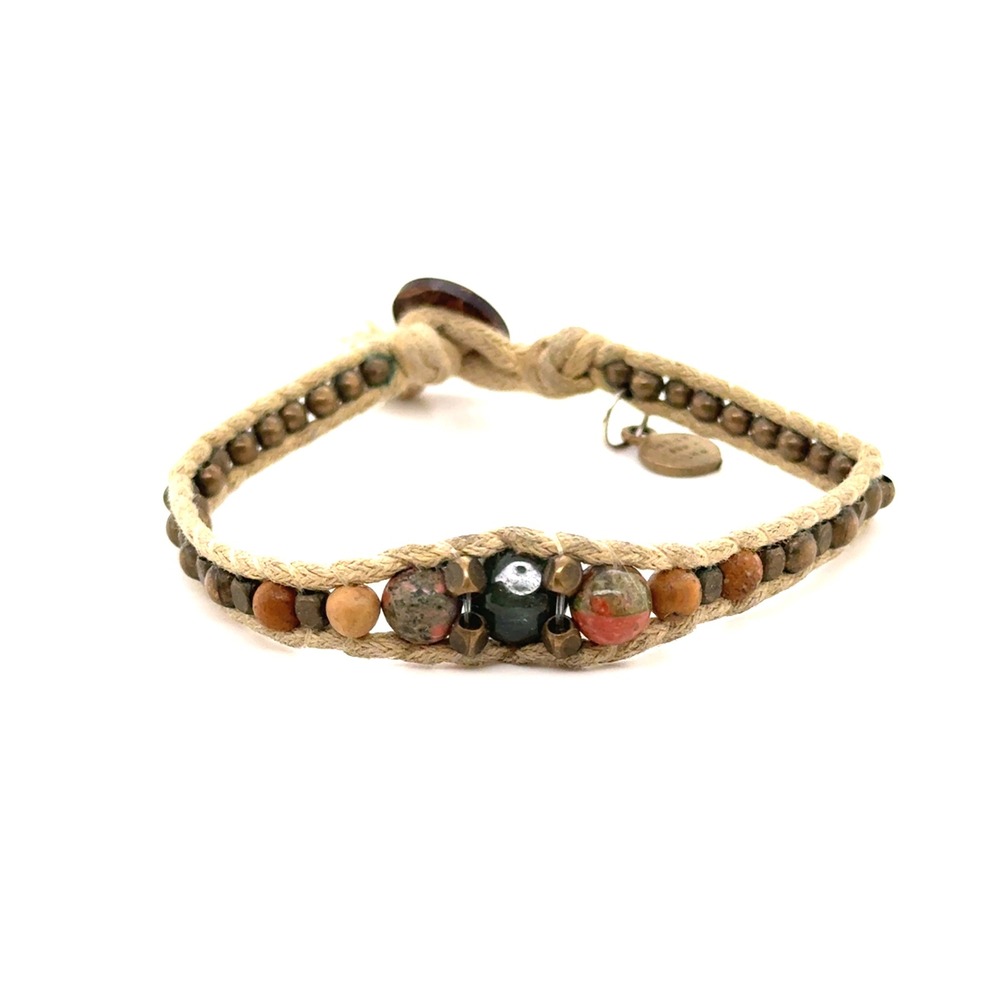 Lotus and Luna Unakite Jasper Beaded Wrap Bracelet Boho Brass Cotton Cream